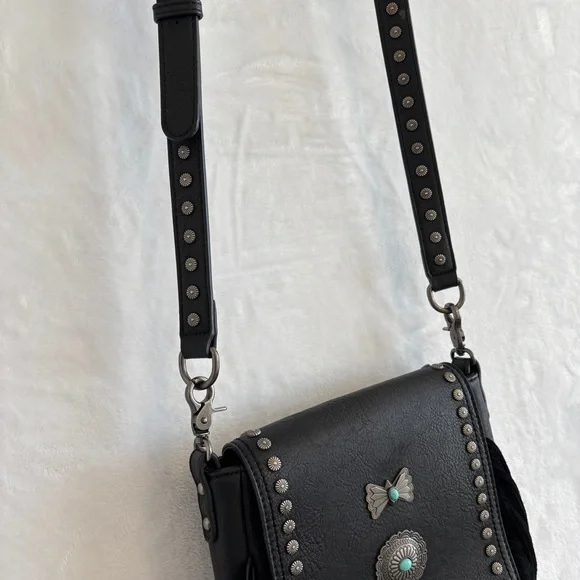 Montana West black leather Fringe Mariposa silver turquoise cross body bag purse - Picture 3 of 16